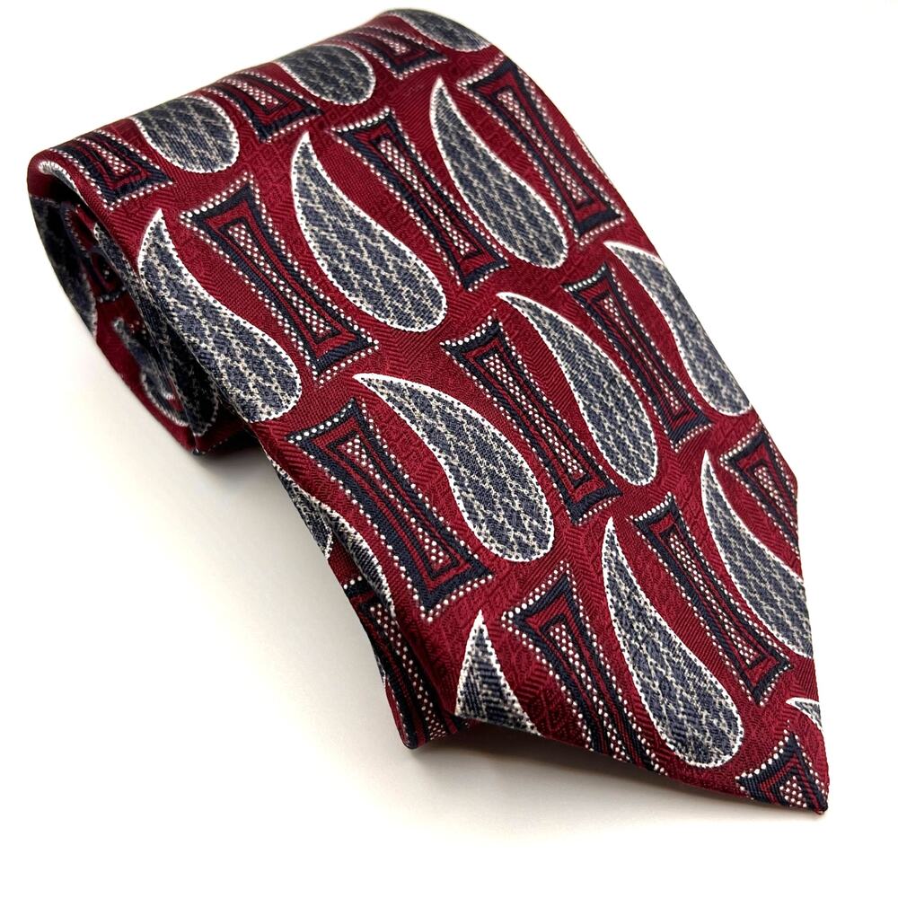 Hardy Amies - Men's Tie - Paisley Geometric Silk - Red & Blue - 56" Long